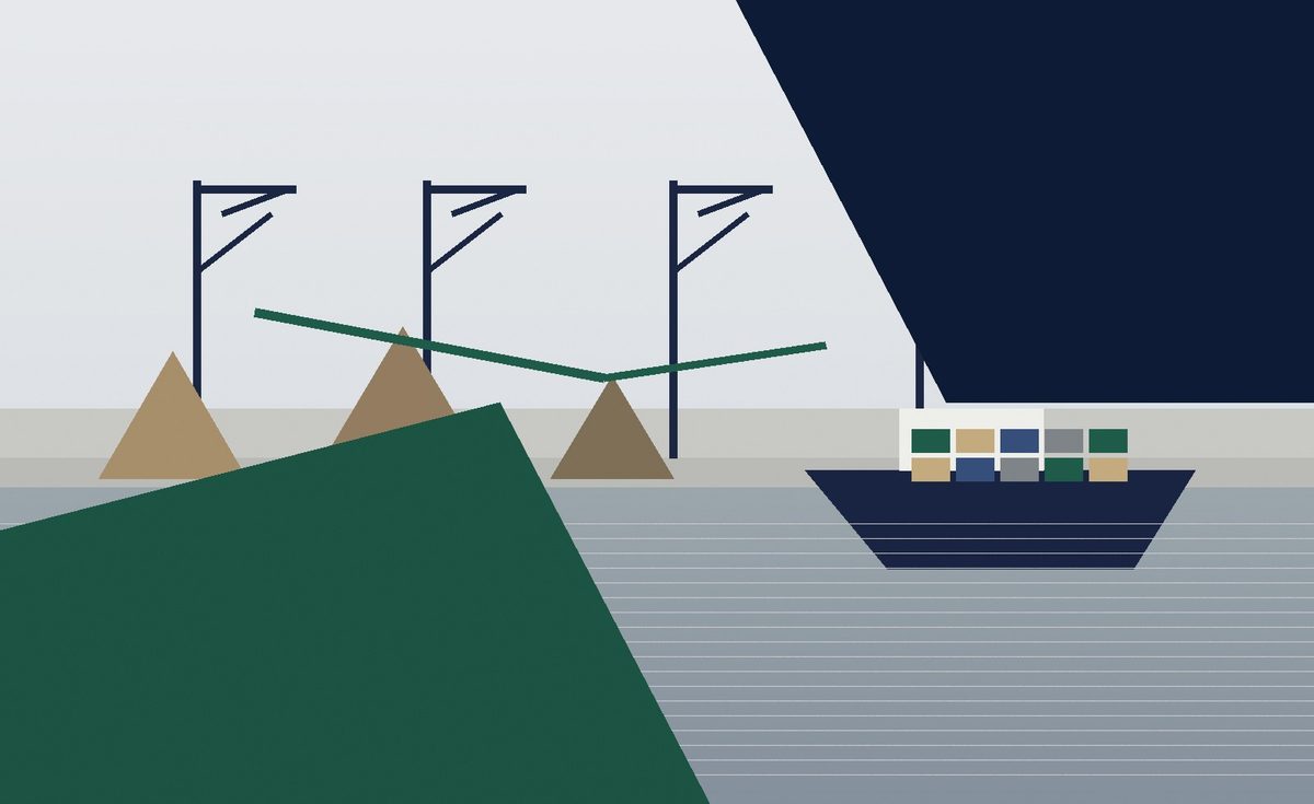 Stylised illustration of stockpiles and a bulk vessel at port